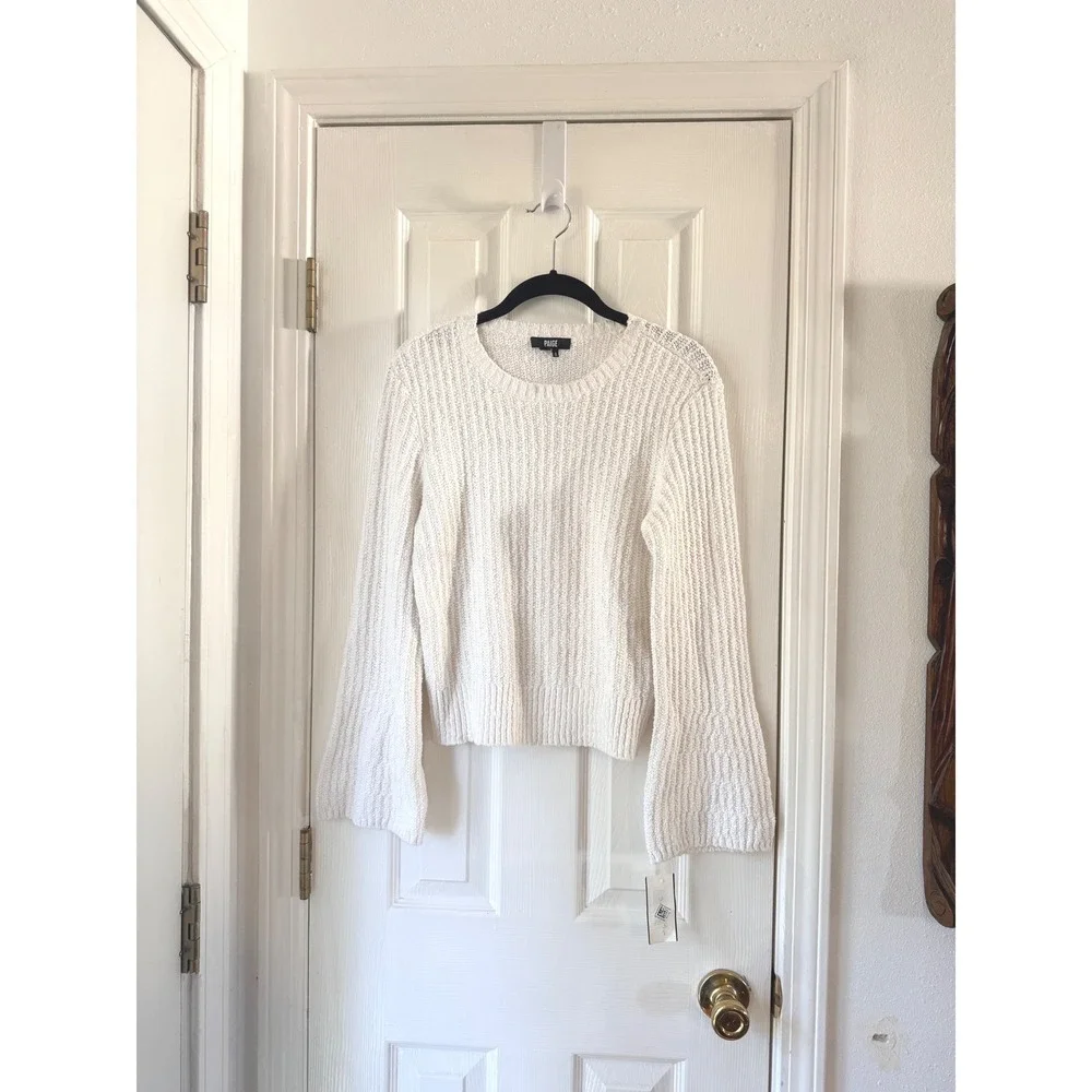Paige Ambrosia Crewneck Sweater‎ White Ribbed Cotton Knit 8888G23-1165 SMALL